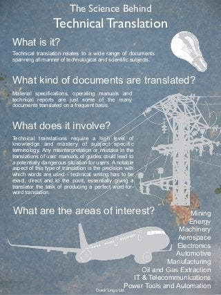 The Science Behind
                   Technical Translation
What is it?
Technical translation relates to a wide range of documents
spanning all manner of technological and scientific subjects.



What kind of documents are translated?
Material specifications, operating manuals and
technical reports are just some of the many
documents translated on a frequent basis.



What does it involve?
Technical translations require a high level of
knowledge and mastery of subject specific
terminology. Any misinterpretation or mistake in the
translations of user manuals or guides could lead to
a potentially dangerous situation for users. A notable
aspect of this type of translation is the precision with
which words are used - technical writing has to be
exact, direct and to the point, essentially giving a
translator the task of producing a perfect word-for-
word translation.


What are the areas of interest?                                          Mining
                                                                         Energy
                                                                      Machinery
                                                                     Aerospace
                                                                     Electronics
                                                                     Automotive
                                                                  Manufacturing
                                                          Oil and Gas Extraction
                                                       IT & Telecommunications
                                                     Power Tools and Automation
                                      Quick Lingo Ltd.
 