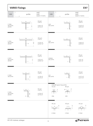 93
E 97004
main profile
grooved
646 g/m
L=6.01 m
Ix=8.67 cm4
Iy=7.26 cm4
80
62
2
119.8
59.8
2.2
E 97216
main profile
grooved
1043 g/m
L=6.01 m
Ix=11.10 cm4
Iy=29.62 cm4
108.8
59
2
E 97217
main profile
grooved
875 g/m
L=6.01 m
Ix=9.51 cm4
Iy=20.03 cm4
59
59
1.9
E 97003
main profile
603 g/m
L=6.01 m
Ix=7.78 cm4
Iy=3.25 cm4
40.1
59.8
2.3
E 97218
main profile
grooved
567 g/m
L=6.01 m
Ix=2.96 cm4
Iy=7.92 cm4
51
61
2
4049
main profile
596 g/m
L=6.01 m
Ix=5.50 cm4
Iy=8.52 cm4
4218
main profile
640 g/m
L=6.01 m
Ix=8.56 cm4
Iy=8.56 cm4
60
60
2
LP055501
main profile
591 g/m
L=6.01 m
Ix=6.6 cm4
Iy=6.6 cm4
55
55
2
40
40
2
4131
main profile
423 g/m
L=6.01 m
Ix=2.47 cm4
Iy=2.47 cm4
39.3
18
42
9.2
16.4
8
52
16
6.5
21
52
6.5
21
52
7.5
11782 11975
etalbond® special fixing profiles
143 g/m 186 g/m
E 97400 E 97401 E 97402
335 g/m 335 g/m 435 g/m
y
x
weight
length
moment of inertia
profile profile
y
x
weight
length
moment of inertia
VARIO Fixings		 E97
E97 VFS technical catalogue
 