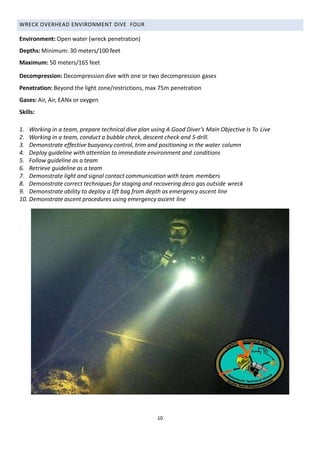 WRECK OVERHEAD ENVIRONMENT DIVE FOUR
Environment: Open water (wreck penetration)
Depths: Minimum: 30 meters/100 feet
Maximum: 50 meters/165 feet
Decompression: Decompression dive with one or two decompression gases
Penetration: Beyond the light zone/restrictions, max 75m penetration
Gases: Air, Air, EANx or oxygen
Skills:
1. Working in a team, prepare technical dive plan using A Good Diver’s Main Objective Is To Live
2. Working in a team, conduct a bubble check, descent check and S-drill.
3. Demonstrate effective buoyancy control, trim and positioning in the water column
4. Deploy guideline with attention to immediate environment and conditions
5. Follow guideline as a team
6. Retrieve guideline as a team
7. Demonstrate light and signal contact communication with team members
8. Demonstrate correct techniques for staging and recovering deco gas outside wreck
9. Demonstrate ability to deploy a lift bag from depth as emergency ascent line
10. Demonstrate ascent procedures using emergency ascent line
10
 