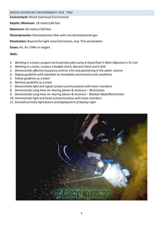 WRECK OVERHEAD ENVIRONMENT DIVE TWO
Environment: Wreck Overhead Environment
Depths: Minimum: 18 meters/60 feet
Maximum: 40 meters/130 feet
Decompression: Decompression dive with one decompression gas
Penetration: Beyond the light zone/restrictions, max 75m penetration
Gases: Air, Air, EANx or oxygen
Skills:
1. Working in a team, prepare technical dive plan using A Good Diver’s Main Objective Is To Live
2. Working in a team, conduct a bubble check, descent check and S-drill.
3. Demonstrate effective buoyancy control, trim and positioning in the water column
4. Deploy guideline with attention to immediate environment and conditions
5. Follow guideline as a team
6. Retrieve guideline as a team
7. Demonstrate light and signal contact communication with team members
8. Demonstrate Long Hose air sharing (donor & receiver) – Restrictions
9. Demonstrate Long Hose air sharing (donor & receiver) – Blacked Mask/Restrictions
10. Demonstrate light and hand communications with team members
11. Simulate primary light failure and deployment of backup light
8
 