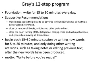 Gray’s 12-step program
• Foundation: write for 15 to 30 minutes every day.
• Supportive Recommendations
   – make notes about the points to be covered in your new writing, doing this a
     day or week beforehand.
   – close or remove all books, articles and other polished text.
   – close the door, turning off the telephone, closing email and web applications
     and generally removing all distractions.
• begin each 15–30 minute session by writing new words,
  for 5 to 20 minutes, and only doing other writing
  activities, such as taking notes or editing previous text,
  after the new words have been produced.
• motto: “Write before you’re ready!”
 