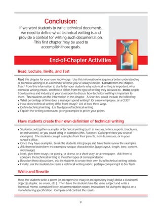 9
Conclusion:
If we want students to write technical documents,
we need to define what technical writing is and
provide a context for writing such documentation.
This first chapter may be used to
accomplish those goals.
End-of-Chapter Activities
Read, Lecture, Invite, and Test
Read this chapter for your own knowledge. Use this information to acquire a better understanding
of technical writing or as a reminder of what you’ve always known. Lecture from the chapter.
Teach from this information to clarify for your students why technical writing is important, what
technical writing entails, and how it differs from the type of writing they are used to. Invite people
from business and industry to your classroom to discuss how technical writing is important to
them. Test students on the information in this chapter. A short test could include the following:
! What percentage of time does a manager spend writing? Or a new employee, or a CEO?
! How does technical writing differ from essays? List at least three ways.
! Define technical writing. List five types of technical writing.
! Explain the writing continuum, giving examples to prove your points.
Have students create their own definition of technical writing
! Students could gather examples of technical writing (such as memos, letters, reports, brochures,
or instructions), or you could bring in examples (this Teachers’ Guide provides you several
examples). The students can get examples from their parents, from businesses, or in your
school’s office.
! Once they have examples, break the students into groups and have them review the examples.
! Ask them to brainstorm the examples’ unique characteristics (page layout, length, tone, content,
word usage).
! Next, give them essays—or poetry, or drama, or a short story, or a newspaper. Ask them to
compare the technical writing to the other types of correspondence.
! Based on these discussions, ask the students to create their own list of technical writing criteria.
! Finally, ask the students to create a technical writing rubric, perhaps comparing it to Six Traits.
Write and Rewrite
Have the students write a poem (or an expressive essay or an expository essay) about a classroom
object (a stapler, an eraser, etc.). Then have the students take the same subject and write a
technical memo, complaint letter, recommendation report, instructions for using the object, or a
manufacturing specification. Compare and contrast the results.
 