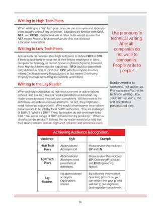 19
Writing to High Tech Peers
When writing to a high tech peer, one can use acronyms and abbrevia-
tions, usually without any definition. Educators are familiar with QPA,
NEA, and KPERS. But individuals in other fields would assume that
NEA meant National Endowment for the Arts, not National
Education Association.
Writing to Low Tech Peers
Accountants do not need their high tech peers to define FIFO or CPR.
If these accountants write to one of their fellow employees in sales,
computer technology, or human resources (low tech peers), however,
these high-tech terms must be explained. FIFO could be parentheti-
cally defined as First In, First Out. CPR, which everyone assumes
means Cardiopulmonary Resuscitation, in fact means Continuing
Property Records, something accountants understand.
Writing to the Lay Reader
Whereas high tech readers do not need acronyms or abbreviations
defined, and low tech readers need a parenthetical definition, lay
readers want to avoid the confusion completely. All they want is the
definition—no abbreviations or acronyms. In fact, they might also
need follow-up explanations. Why would a homeowner in a residen-
tial area want to be told by local health authorities, “You are in danger
of DBPs”? What’s a DBP? These lay readers do not even want to be
told, “You are in danger of DBPs (disinfection by-products).” What’s a
disinfection by-product? Instead, the lay reader wants to be told that
their nearby streams contain high-acid, chlorine, and ammonia levels.
Use pronouns in
technical writing.
After all,
companies do
not write to
companies.
People write to
people!
Readers want to be
spoken to, not spoken at.
Pronouns are effective in
technical writing. You,
your, us, we, our, I, me,
and my create a
personalized tone.
Achieving Audience Recognition
Audience Style Example
Please review the enclosed
OP and EN.
Please review the enclosed
OP (Operating Procedure)
and EN (Engineering
Notice).
By following the enclosed
operating procedure, you
can ensure that your printer
will run to our engineers’
desired performance levels.
Abbreviations/
Acronyms OK
Abbreviations/
Acronyms need
parenthetical
definitions.
No abbreviations/
acronyms.
Explanations
instead.
High Tech
Peers
Low Tech
Peers
Lay
Readers
 