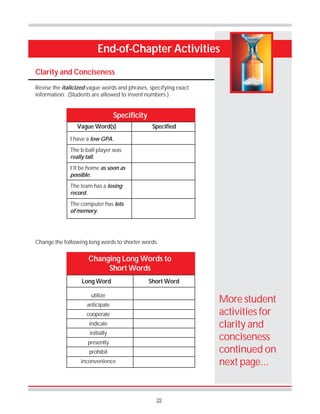 22
End-of-Chapter Activities
Clarity and Conciseness
Revise the italicized vague words and phrases, specifying exact
information. (Students are allowed to invent numbers.)
I have a low GPA.
The b-ball player was
really tall.
I’ll be home as soon as
possible.
The team has a losing
record.
The computer has lots
of memory.
Vague Word(s) Specified
Specificity
Long Word Short Word
utilize
anticipate
cooperate
indicate
initially
presently
prohibit
inconvenience
Changing Long Words to
Short Words
Change the following long words to shorter words.
More student
activities for
clarity and
conciseness
continued on
next page...
 