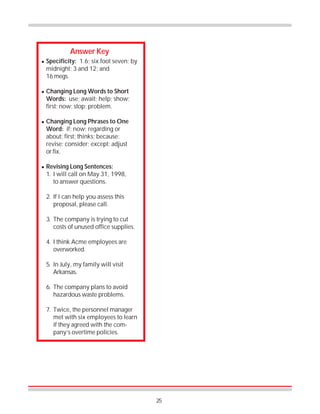 25
Answer Key
! Specificity: 1.6; six foot seven; by
midnight; 3 and 12; and
16 megs.
! Changing Long Words to Short
Words: use; await; help; show;
first; now; stop; problem.
! Changing Long Phrases to One
Word: if; now; regarding or
about; first; thinks; because;
revise; consider; except; adjust
or fix.
! Revising Long Sentences:
1. I will call on May 31, 1998,
to answer questions.
2. If I can help you assess this
proposal, please call.
3. The company is trying to cut
costs of unused office supplies.
4. I think Acme employees are
overworked.
5. In July, my family will visit
Arkansas.
6. The company plans to avoid
hazardous waste problems.
7. Twice, the personnel manager
met with six employees to learn
if they agreed with the com-
pany’s overtime policies.
 