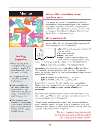 34
Memos differ from letters in two
significant ways
First, memos are internal correspondence, written by
employees in a company to employees in the same com-
pany. Letters, in contrast, are external correspondence,
written from within a company to outside vendors, clients,
or colleagues. Secondly, memos have a different format
than the letter essential components.
Memos
Memo components
Memos replace the eight letter essential components with
the following memo identification lines:
Date:
To:
From:
Subject:
Date is the month, day, and year in which
you are writing
To names your reader
From is your name
Subject (typed in all capitals) provides
your audience two things: a topic and a
focus. For example, a successful subject line would read as follows:
Subject: VACATION SCHEDULE FOR ACCOUNTANTS
Accountants is the topic of the memo; vacation schedule is the focus.
The focus aids communication more than the topic. The topic of a
memo, for instance, can stay the same, while the focus changes. Look at
the following examples:
Subject: SALARY INCREASE FOR ACCOUNTANTS
Subject: TERMINATION OF ACCOUNTANTS
In each of these instances, the topic stays the same: Accountants.
Notice, then, how important the focus comments are. We see a huge
difference between salary increases, vacation schedules, and
termination.
In addition to the identification lines, memos differ from letters in one
other subtle way. Whereas letters are signed (essential component #7),
memos are initialed next to the From line.
Though memos and letters differ as noted, they are similar in all other
ways. Successful memos, like letters, have an introduction, body, and
conclusion. Like letters, successful memos are clear, concise, accessible,
accurate, and achieve audience recognition.
When teaching about
writing letters, the focus is
usually on types (such as
cover letters, sales letters,
and letters of inquiry).
It is suggested that the
instructor use modes to
teach memos.
Students could write a
problem/solution, com-
parison/contrast, argu-
ment/persuasion, a cause/
effect, a classification or
analysis memo, etc.
This, of course, is not
mandatory. Using modes
is an easy tool since both
teachers and students are
familiar with this organiza-
tional technique.
Teaching
Suggestion
The next two pages contain sample
memos focusing on problem/solution
and comparison/contrast modes.
 