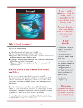 39
E-mail
E-mail
Benefits
E-mail allows a writer to
instantly communicate
with a reader.
E-mail can be sent to
numerous readers at the
same time.
E-mail allows the writer
and reader(s) to chat with
each other online. A
real-time dialogue is
possible, whereas memos
and letters may require
days or weeks for dia-
logue to occur.
E-mail means no
telephone tag.
E-mail is similar to and different from memos
and letters
Letters are external correspondence; memos are internal
correspondence. E-mail (electronic mail), in contrast, can be both
internal and/or external. Employees can e-mail each other within
a company and/or e-mail vendors, clients, and colleagues outside
a company.
E-mail is similar to memos in that both use identification lines
(Date, To, From, and Subject), in contrast to a letter’s eight essential
components. Like letters and memos, e-mail must be clear, concise,
accessible, accurate, and achieve audience recognition.
A successful e-mail contains a subject line with a topic and a focus,
an introduction, a body, and a conclusion.
E-mail is rapidly
becoming one of the
world’s most
important means of
communicating in the
business place.
To succeed on their
jobs, our students
need to learn how to
write successful
e-mail.
Why is E-mail important?
Just look at these numbers:
140 million people will use e-mail in 2003.
E-mail messages outnumber first-class letters 30-1.
80 percent of business employees say that e-mail has replaced most
of their written business communication.
45 percent of business employees say that e-mail has replaced most
of their business-related phone calls.
66 percent of business employees say that they are e-mail only
communicators.
A wonderful value to
the slowness of memos
and letters is that time
lets us correct errors.
However...
 