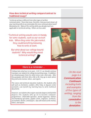 3
How does technical writing compare/contrast to
traditional essays?
Technical writing is different from other types of written
communication. Does that mean, therefore, that you must relearn all
your teaching skills to accommodate this new communication beast?
Absolutely not. Many of the writing skills you already teach are
applicable to technical writing. Others are less valid.
College lasts only four to six years. In K-12, we should continue
to prepare our students for college by teaching essays. In addition,
we should prepare them for what comes next—their jobs. After
they graduate with their AA or BA or BS, they go to work where
they will write memos, letters, and reports.
The career and technical education students—the students who
will work as mechanics, welders, office help, or daycare center
assistants—can benefit by learning how to write technical
documents.
However, our students who acquire associate degrees and bachelor
degrees—the students who go on to become computer
programmers, CAD/CAM operators, dental hygienists, fashion
merchandising specialists, graphic artists, engineers, architects,
accountants, doctors, and lawyers—also will need to write memos,
letters, and reports.
Here is a reminder…
On the next
page is a
Communication
Continuum
including traits
and examples
of five types of
writing, ranging
from the
connotative
to the
denotative.
“Technical writing would come in handy
for some students, such as our vo-tech
kids. When they enter the job market,
they could benefit by knowing
how to write at work.
But what about our college-bound
students? Why would they need
technical writing?”
 