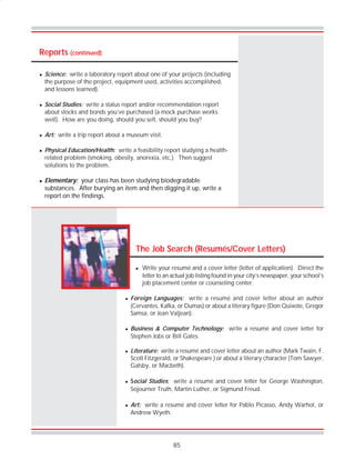 85
Reports (continued)
The Job Search (Resumés/Cover Letters)
! Write your resumé and a cover letter (letter of application). Direct the
letter to an actual job listing found in your city’s newspaper, your school’s
job placement center or counseling center.
! Foreign Languages: write a resumé and cover letter about an author
(Cervantes, Kafka, or Dumas) or about a literary figure (Don Quixote, Gregor
Samsa, or Jean Valjean).
! Business & Computer Technology: write a resumé and cover letter for
Stephen Jobs or Bill Gates.
! Literature: write a resumé and cover letter about an author (Mark Twain, F.
Scott Fitzgerald, or Shakespeare ) or about a literary character (Tom Sawyer,
Gatsby, or Macbeth).
! Social Studies: write a resumé and cover letter for George Washington,
Sojourner Truth, Martin Luther, or Sigmund Freud.
! Art: write a resumé and cover letter for Pablo Picasso, Andy Warhol, or
Andrew Wyeth.
! Science: write a laboratory report about one of your projects (including
the purpose of the project, equipment used, activities accomplished,
and lessons learned).
! Social Studies: write a status report and/or recommendation report
about stocks and bonds you’ve purchased (a mock purchase works
well). How are you doing, should you sell, should you buy?
! Art: write a trip report about a museum visit.
! Physical Education/Health: write a feasibility report studying a health-
related problem (smoking, obesity, anorexia, etc.). Then suggest
solutions to the problem.
! Elementary: your class has been studying biodegradable
substances. After burying an item and then digging it up, write a
report on the findings.
 