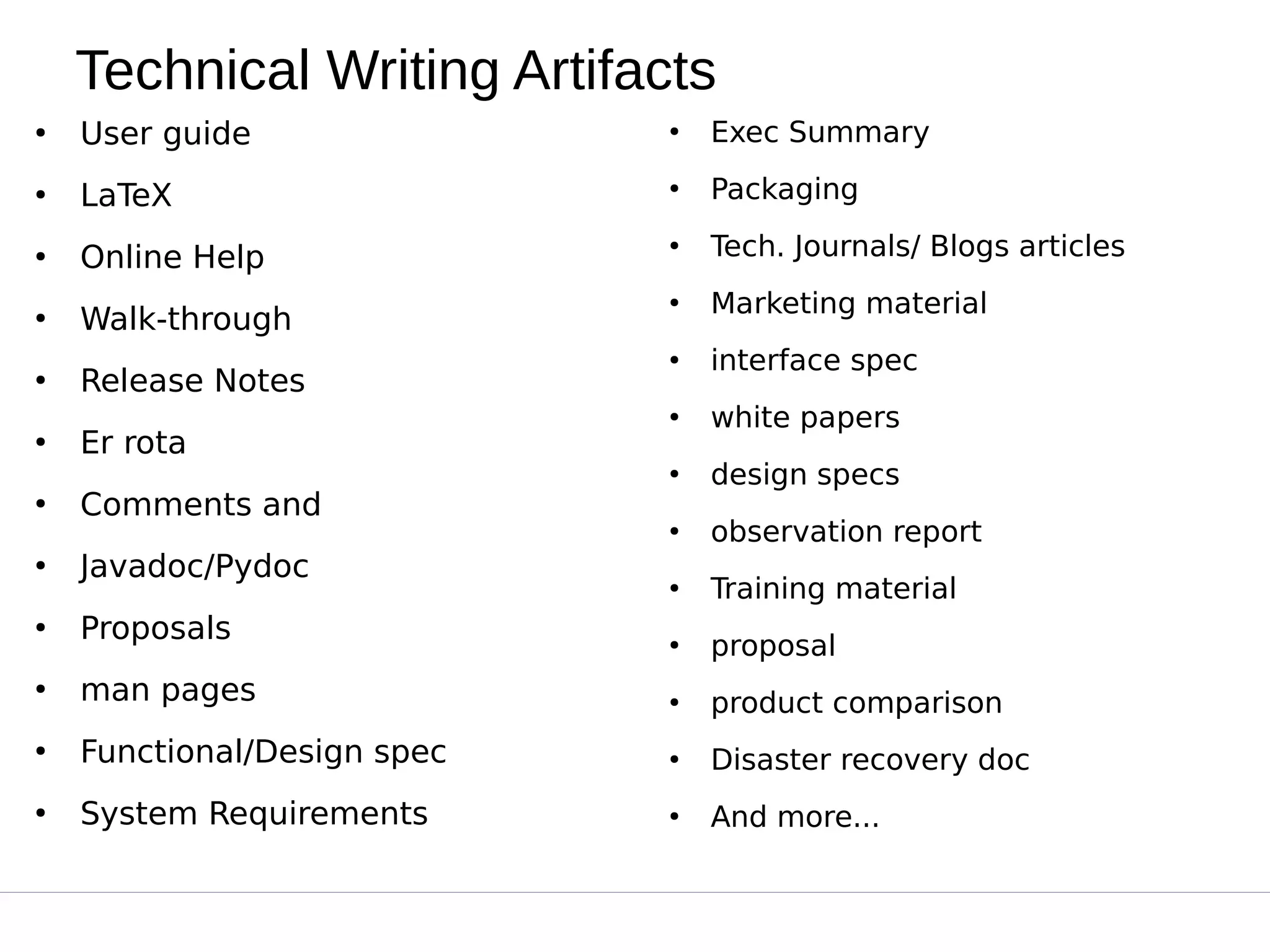 Technical Writing Artifacts
●
User guide
●
LaTeX
●
Online Help
●
Walk-through
●
Release Notes
●
Er rota
●
Comments and
●
Javadoc/Pydoc
●
Proposals
●
man pages
●
Functional/Design spec
●
System Requirements
●
Exec Summary
●
Packaging
●
Tech. Journals/ Blogs articles
●
Marketing material
●
interface spec
●
white papers
●
design specs
●
observation report
●
Training material
●
proposal
●
product comparison
●
Disaster recovery doc
●
And more...
 
