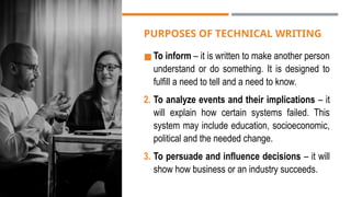 Technical Writing Lesson TECHNICAL WRITING LESSON 1.ppt used for communication coursesx | PPTX