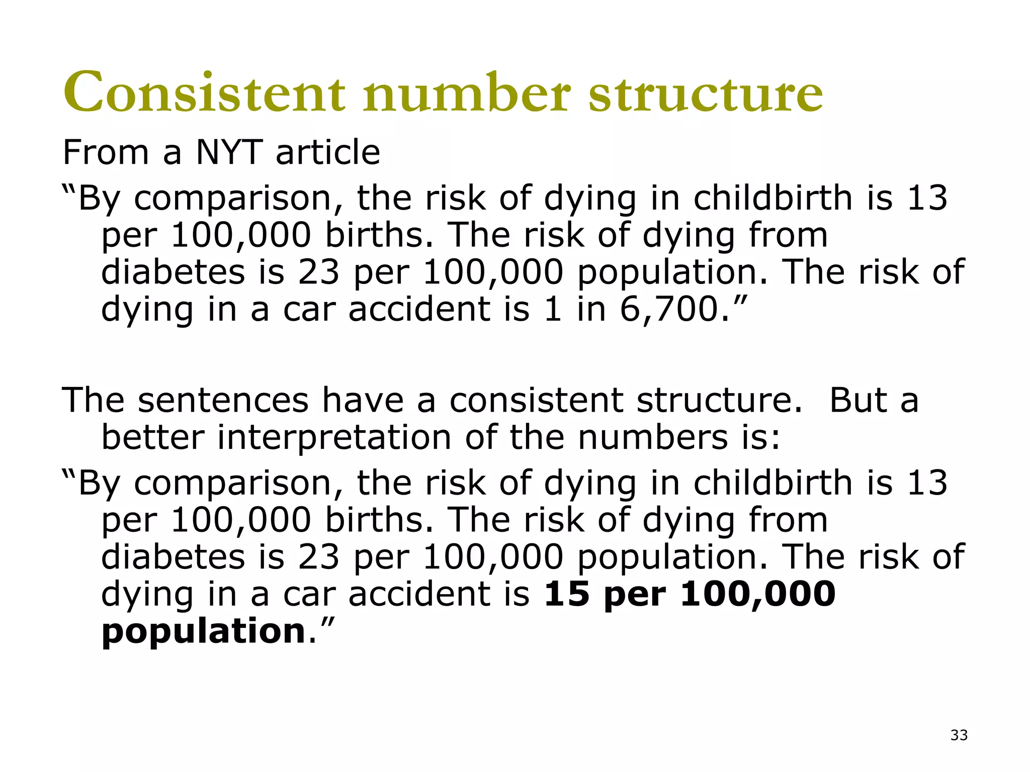 Consistent number structure From a NYT article “ By comparison, the risk of dying in childbirth is 13 per 100,000 births. The risk of dying from diabetes is 23 per 100,000 population. The risk of dying in a car accident is 1 in 6,700.” The sentences have a consistent structure.  But a better interpretation of the numbers is: “ By comparison, the risk of dying in childbirth is 13 per 100,000 births. The risk of dying from diabetes is 23 per 100,000 population. The risk of dying in a car accident is  15 per 100,000 population .” 