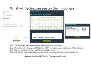 What will technician see on their mobiles?.
Step 8: Technician will ask customer FEEDBACK and OTP received on customer phone via SMS and enter it.
Step 9: Service complete and thankyou SMS generated for customer
Step 10. Technician press on Close button and reacheas home screen to select another Workorder
Step 7: Technician will press Approve Work Order button on mobile phones
Enter Customer SMS OTP: 7899
Copyright 2017 MobileERP Softech P Ltd. www.mobileerp.in
 