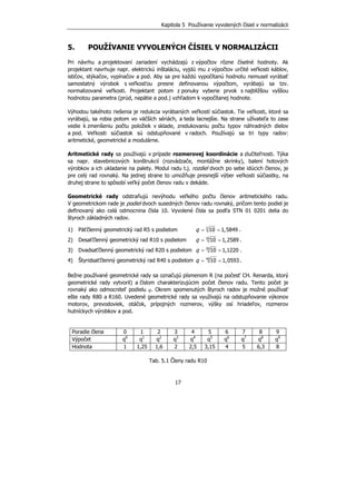 Kapitola 5 Používanie vyvolených čísiel v normalizácii
17
5. POUŽÍVANIE VYVOLENÝCH ČÍSIEL V NORMALIZÁCII
Pri návrhu a projektovaní zariadení vychádzajú z výpočtov rôzne číselné hodnoty. Ak
projektant navrhuje napr. elektrickú inštaláciu, vyjdú mu z výpočtov určité veľkosti káblov,
ističov, stýkačov, vypínačov a pod. Aby sa pre každú vypočítanú hodnotu nemusel vyrábať
samostatný výrobok s veľkosťou presne definovanou výpočtom, vyrábajú sa tzv.
normalizované veľkosti. Projektant potom z ponuky vyberie prvok s najbližšou vyššou
hodnotou parametra (prúd, napätie a pod.) vzhľadom k vypočítanej hodnote.
Výhodou takéhoto riešenia je redukcia vyrábaných veľkostí súčiastok. Tie veľkosti, ktoré sa
vyrábajú, sa robia potom vo väčších sériách, a teda lacnejšie. Na strane užívateľa to zase
vedie k zmenšeniu počtu položiek v sklade, zredukovaniu počtu typov náhradných dielov
a pod. Veľkosti súčiastok sú odstupňované v radoch. Používajú sa tri typy radov:
aritmetické, geometrické a modulárne.
Aritmetické rady sa používajú v prípade rozmerovej koordinácie a zlučiteľnosti. Týka
sa napr. stavebnicových konštrukcií (rozvádzače, montážne skrinky), balení hotových
výrobkov a ich ukladanie na palety. Modul radu t.j. rozdiel dvoch po sebe idúcich členov, je
pre celý rad rovnaký. Na jednej strane to umožňuje presnejší výber veľkosti súčiastky, na
druhej strane to spôsobí veľký počet členov radu v dekáde.
Geometrické rady odstraňujú nevýhodu veľkého počtu členov aritmetického radu.
V geometrickom rade je podiel dvoch susedných členov radu rovnaký, pričom tento podiel je
definovaný ako celá odmocnina čísla 10. Vyvolené čísla sa podľa STN 01 0201 delia do
štyroch základných radov.
1) Päťčlenný geometrický rad R5 s podielom 5
10 1,5849= =q .
2) Desaťčlenný geometrický rad R10 s podielom 10
10 1,2589= =q .
3) Dvadsaťčlenný geometrický rad R20 s podielom 20
10 1,1220= =q .
4) Štyridsaťčlenný geometrický rad R40 s podielom 40
10 1,0593= =q .
Bežne používané geometrické rady sa označujú písmenom R (na počesť CH. Renarda, ktorý
geometrické rady vytvoril) a číslom charakterizujúcim počet členov radu. Tento počet je
rovnaký ako odmocniteľ podielu q. Okrem spomenutých štyroch radov je možné používať
ešte rady R80 a R160. Uvedené geometrické rady sa využívajú na odstupňovanie výkonov
motorov, prevodoviek, otáčok, prípojných rozmerov, výšky osí hriadeľov, rozmerov
hutníckych výrobkov a pod.
Poradie člena 0 1 2 3 4 5 6 7 8 9
Výpočet q0
q1
q2
q3
q4
q5
q6
q7
q8
q9
Hodnota 1 1,25 1,6 2 2,5 3,15 4 5 6,3 8
Tab. 5.1 Členy radu R10
 