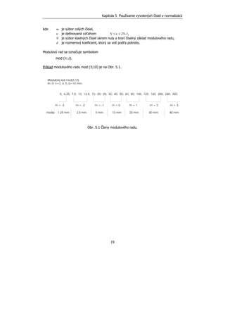 Kapitola 5 Používanie vyvolených čísiel v normalizácii
19
kde m je súbor celých čísiel,
n je definované vzťahom N ≤ n ≤ 2N-1,
N je súbor kladných čísiel okrem nuly a tvorí číselný základ modulového radu,
d je rozmerový koeficient, ktorý sa volí podľa potreby.
Modulový rad sa označuje symbolom
mod (N;d).
Príklad modulového radu mod (3;10) je na Obr. 5.1.
Obr. 5.1 Členy modulového radu.
 