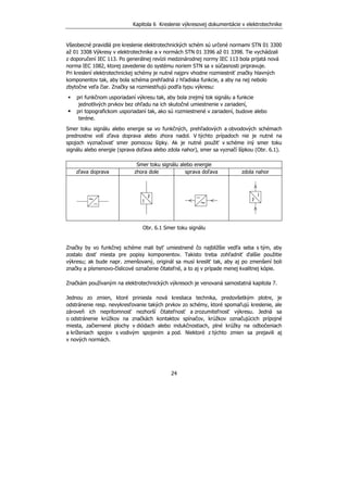 Kapitola 6 Kreslenie výkresovej dokumentácie v elektrotechnike
24
Všeobecné pravidlá pre kreslenie elektrotechnických schém sú určené normami STN 01 3300
až 01 3308 Výkresy v elektrotechnike a v normách STN 01 3396 až 01 3398. Tie vychádzali
z doporučení IEC 113. Po generálnej revízii medzinárodnej normy IEC 113 bola prijatá nová
norma IEC 1082, ktorej zavedenie do systému noriem STN sa v súčasnosti pripravuje.
Pri kreslení elektrotechnickej schémy je nutné najprv vhodne rozmiestniť značky hlavných
komponentov tak, aby bola schéma prehľadná z hľadiska funkcie, a aby na nej nebolo
zbytočne veľa čiar. Značky sa rozmiestňujú podľa typu výkresu:
pri funkčnom usporiadaní výkresu tak, aby bola zrejmý tok signálu a funkcie
jednotlivých prvkov bez ohľadu na ich skutočné umiestnenie v zariadení,
pri topografickom usporiadaní tak, ako sú rozmiestnené v zariadení, budove alebo
teréne.
Smer toku signálu alebo energie sa vo funkčných, prehľadových a obvodových schémach
prednostne volí zľava doprava alebo zhora nadol. V týchto prípadoch nie je nutné na
spojoch vyznačovať smer pomocou šípky. Ak je nutné použiť v schéme iný smer toku
signálu alebo energie (sprava doľava alebo zdola nahor), smer sa vyznačí šípkou (Obr. 6.1).
Smer toku signálu alebo energie
zľava doprava zhora dole sprava doľava zdola nahor
Obr. 6.1 Smer toku signálu
Značky by vo funkčnej schéme mali byť umiestnené čo najbližšie vedľa seba s tým, aby
zostalo dosť miesta pre popisy komponentov. Takisto treba zohľadniť ďalšie použitie
výkresu; ak bude napr. zmenšovaný, originál sa musí kresliť tak, aby aj po zmenšení boli
značky a písmenovo-číslicové označenie čitateľné, a to aj v prípade menej kvalitnej kópie.
Značkám používaným na elektrotechnických výkresoch je venovaná samostatná kapitola 7.
Jednou zo zmien, ktoré priniesla nová kresliaca technika, predovšetkým plotre, je
odstránenie resp. nevykresľovanie takých prvkov zo schémy, ktoré spomaľujú kreslenie, ale
zároveň ich neprítomnosť nezhorší čitateľnosť a zrozumiteľnosť výkresu. Jedná sa
o odstránenie krúžkov na značkách kontaktov spínačov, krúžkov označujúcich prípojné
miesta, začiernené plochy v diódach alebo indukčnostiach, plné krúžky na odbočeniach
a kríženiach spojov s vodivým spojením a pod. Niektoré z týchto zmien sa prejavili aj
v nových normách.
 