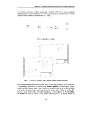 Kapitola 6 Kreslenie výkresovej dokumentácie v elektrotechnike
26
Na lokalizáciu súčiastok (zvyčajne pasívnych) v zložitých schémach sa zvykne používať
podobný systém, kde na vodorovnej osi na hornom okraji výkresu je nad miestom výskytu
danej súčiastky uvedené jej označenie (R1, C2, a pod.).
Obr. 6.4 Označenie signálov
Obr. 6.5 Odkazy na signály v rámci jedného výkresu a medzi výkresmi
Ak je na výkrese vedených rovnobežne viac ako 6 spojov, mali by sa tieto združiť do skupín.
V prehľadových a obvodových schémach sa skupiny vodičov združujú podľa funkcie
(silové, signálové, dátové spoje a pod.). Ak to nie je možné, mali by sa združiť do skupín
s maximálne 5 spojmi. Sústredenie resp. uvoľnenie spojov do/zo zväzku je na Obr. 6.6.
Skupinu vodičov potom možno nahradiť jednou čiarou – zväzkom (Obr.6.6). Počet vodičov
vo zväzku sa označuje krátkou šikmou čiarkou a číslicou (Obr.6.6a). Zväzok vodičov sa
 