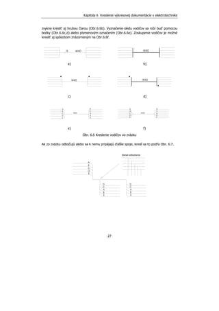 Kapitola 6 Kreslenie výkresovej dokumentácie v elektrotechnike
27
zvykne kresliť aj hrubou čiarou (Obr.6.6b). Vyznačenie sledu vodičov sa robí buď pomocou
bodky (Obr.6.6c,d) alebo písmenovým označením (Obr.6.6e). Zoskupenie vodičov je možné
kresliť aj spôsobom znázorneným na Obr.6.6f.
a) b)
c) d)
e) f)
Obr. 6.6 Kreslenie vodičov vo zväzku
Ak zo zväzku odbočujú alebo sa k nemu pripájajú ďalšie spoje, kreslí sa to podľa Obr. 6.7.
 