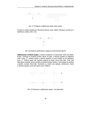 Kapitola 6 Kreslenie výkresovej dokumentácie v elektrotechnike
28
Obr. 6.7 Pripájanie a odbočovanie spojov do/zo zväzku
Ak spoje vo zväzku predstavujú informačnú zbernicu (napr. dátovú, adresovú) vyznačí sa to
doplnkovou značkou (Obr. 6.8.).
Obr. 6.8 Kreslenie odbočovania a spájania sa informačných zberníc
Odbočovanie a kríženie spojov s vodivým prepojením sa doporučuje kresliť bez plného
krúžku. Urýchľuje to kreslenie schémy hlavne na plotri. V takomto prípade sa odbočenie
kreslí v tvare „T“, kríženie vodičov s vodivým spojením sa musí rozdeliť na dve odbočenia
tvaru „T“. Kríženie spojov bez vodivého spojenia sa kreslí v tvare kríža (Obr. 6.9a). Ako
alternatívne kreslenie norma pripúšťa aj kreslenie plných krúžkov. Tento spôsob sa používal
v starších normách (Obr.6.9b). Výnimočne je možné oba spôsoby kombinovať, vodivé
a nevodivé spojenia musia byť potom nutne rozlíšené.
Obr. 6.9 Križovanie a odbočovanie spojov – dve alternatívy
 