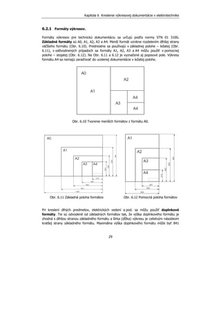 Kapitola 6 Kreslenie výkresovej dokumentácie v elektrotechnike
29
6.2.1 Formáty výkresov.
Formáty výkresov pre technickú dokumentáciu sa určujú podľa normy STN 01 3100.
Základné formáty sú A0, A1, A2, A3 a A4. Menší formát vznikne rozdelením dlhšej strany
väčšieho formátu (Obr. 6.10). Prednostne sa používajú v základnej polohe – ležatej (Obr.
6.11), v odôvodnených prípadoch sa formáty A1, A2, A3 a A4 môžu použiť v pomocnej
polohe – stojatej (Obr. 6.12). Na Obr. 6.11 a 6.12 je vyznačené aj popisové pole. Výkresy
formátu A4 sa nemajú zaraďovať do ucelenej dokumentácie v ležatej polohe.
Obr. 6.10 Tvorenie menších formátov z formátu A0.
Obr. 6.11 Základná poloha formátov Obr. 6.12 Pomocná poloha formátov
Pri kreslení dlhých predmetov, elektrických vedení a pod. sa môžu použiť doplnkové
formáty. Tie sú odvodené od základných formátov tak, že výška doplnkového formátu je
zhodná s dlhšou stranou základného formátu a šírka (dĺžka) výkresu je celistvým násobkom
kratšej strany základného formátu. Maximálna výška doplnkového formátu môže byť 841
 