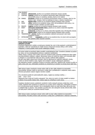 Kapitola 7 Kreslenie značiek
87
Typy závislostí:
A ADDRESS adresovanie, používa sa na označenie adresových vstupov pamäte
C CONTROL riadenie, používa sa na označenie časovacieho alebo hodinového vstupu
sekvenčného prvku a k označeniu vývodov, ktoré sú ním riadené
EN ENABLE povolenie, používa sa na označenie povoľovacieho vstupu a vývodov, ktoré sú ním
riadené (napr. výstupov, ktoré sa dostávajú do stavu s vysokou impedanciou)
G AND logický súčin, používa sa na označenie logickej závislosti medzi vývodmi
H MODE režim, používa sa na označenie vstupu, ktorý volí prevádzkový režim prvku, a na
označenie vývodov závislých na tomto režime
N NEGATE negácia, používa sa na označenie logickej závislosti medzi vývodmi
R RESET obnovenie začiatočného stavu, používa sa na určenie vnútorného logického
stavu RS-klopného obvodu
S SET nastavenie, používa sa na určenie vnútorného logického stavu RS-klopného obvodu
V OR logický súčet, používa sa na označenie logickej závislosti medzi vývodmi
X TRANSMISSION prenos, používa sa na označenie riadených prenosových ciest medzi
príslušnými portami
Z INTERCONECTION prepojenie, používa sa na označenie toho, že vývod vnúti svoj logický
stav jednému alebo viacerým vývodom
Prvky zložitej funkcie
Základné pravidlá
Používanie doplnkových značiek a označovanie závislostí tak, ako to bolo popísané v predchádzajúcich
kapitolách, môže byť nepraktické pre zložité obvody (integrované obvody veľkej a veľmi veľkej
integrácie). V tomto prípade možno použiť nasledujúce metódy.
Pri tvorbe značiek sa používajú všetky pravidlá z predchádzajúcej časti. Označenie závislosti sa používa
len vtedy, ak nie je pravdepodobná zámena s ostatnými označeniami.
Všetky vstupy a výstupy vnútri značky musia byť označené podľa vybraných katalógových listov alebo
inej dokumentácie uvedenej v odkaze. Skracovanie názvov je možné len vtedy, as sú nevhodne dlhé.
S ohľadom na zrozumiteľnosť môžu byť názvy vývodov rozšírené alebo doplnené.
Ak slúži vstup alebo výstup dvom funkciám, ktoré sú aktivované pri opačných polaritách vývodu,
možno sa vyhnúť kresleniu znaku negácie nad označením vývodu nasledujúcim spôsobom:
Na zoskupenie vývodov s podobnou funkciou sa používa zvislá čiara. Spoločná časť označení sa píše na
jednu stranu (len raz), individuálne označenia sú umiestnené pri vývodoch na druhej strane tejto čiary.
Dlhé reťazce znakov označujúce vývody možno zúžiť na úkor výšky vložením do otvoreného
štvoruholníka. Reťazec znakov je zarovnaný k zvislej čiare s prihliadnutím k medzerám medzi znakmi.
Písmená pod jedným znakom negácie nemožno rozdeliť.
Ak je dovolené použitie len jednoriadkového zápisu, negácia sa označuje značkou ¬:
napr. RASRAS ≡¬
Spojovacie čiary musia byť funkčne zoskupené. Tam, kde je to nutné, ich treba rozdeliť na riadiace
a datové. Ak je použitý riadiace blok, riadiace spoje sa umiestňujú na jeho obrys.
Susediace združené vývody s podobným označením možno zoskupiť pomocou zvislej čiary vnútri
značky. Spoločná časť označenia sa uvedie len raz na jednu stranu zvislej čiary, individuálne označenia
sú na druhej strane oproti vývodom. Ak sú individuálnou časťou po sebe idúce čísla, píše sa len prvé
a posledné číslo zo skupiny. Toto pravidlo sa používa tam, kde zoskupené vývody netvoria číslo, takže
sa nedá použiť značka pre vytváranie bitových skupín.
Dlhé reťazce znakov označujúce vývody možno zúžiť (na úkor výšky) vložením do otvoreného
štvoruholníka. Prerušený reťazec bude zarovnaný k zvislej čiare s prihliadnutím k vloženým medzerám.
 