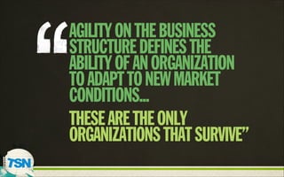 AGILITYONTHEBUSINESS
STRUCTUREDEFINESTHE
ABILITYOFANORGANIZATION
TOADAPTTONEWMARKET
CONDITIONS...
THESEARETHEONLY
ORGANIZATIONSTHATSURVIVE”
 