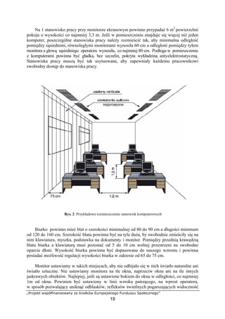 „Projekt współfinansowany ze środków Europejskiego Funduszu Społecznego”
19
Na 1 stanowisko pracy przy monitorze ekranowym powinno przypadać 6 m2
powierzchni
pokoju o wysokości co najmniej 3,3 m. Jeśli w pomieszczeniu znajduje się więcej niż jeden
komputer, poszczególne stanowiska pracy należy rozmieścić tak, aby minimalna odległość
pomiędzy sąsiednimi, równoległymi monitorami wynosiła 60 cm a odległość pomiędzy tyłem
monitora a głową sąsiedniego operatora wynosiła, co najmniej 80 cm. Podłoga w pomieszczeniu
z komputerami powinna być gładka, bez szczelin, pokryta wykładziną antyelektrostatyczną.
Stanowiska pracy muszą być tak usytuowane, aby zapewniały każdemu pracownikowi
swobodny dostęp do stanowiska pracy.
Rys. 2. Przykładowe rozmieszczenie stanowisk komputerowych
Biurko powinno mieć blat o szerokości minimalnej od 80 do 90 cm a długości minimum
od 120 do 160 cm. Szerokość blatu powinna być na tyle duża, by swobodnie zmieściły się na
nim klawiatura, myszka, podstawka na dokumenty i monitor. Pomiędzy przednią krawędzią
blatu biurka a klawiaturą musi pozostać od 5 do 10 cm wolnej przestrzeni na swobodne
oparcie dłoni. Wysokość biurka powinna być dopasowana do naszego wzrostu i powinna
posiadać możliwość regulacji wysokości biurka w zakresie od 65 do 75 cm.
Monitor ustawiamy w takich miejscach, aby nie odbijało się w nich światło naturalne ani
światło sztuczne. Nie ustawiamy monitora na tle okna, naprzeciw okna ani na tle innych
jaskrawych obiektów. Najlepiej, jeśli są ustawione bokiem do okna w odległości, co najmniej
1m od okna. Powinien być ustawiony w linii wzroku patrzącego, na wprost operatora,
w sposób pozwalający uniknąć odblasków, refleksów świetlnych pogarszających widoczność
 
