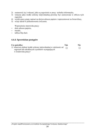 „Projekt współfinansowany ze środków Europejskiego Funduszu Społecznego”
24
2) zastanowić się i wskazać, jakie są zagrożenia w pracy technika informatyka,
3) wskazać jakie środki ochrony indywidualnej powinny być zastosowane w obliczu tych
zagrożeń,
4) wyniki pracy grupy zapisać na dużym arkuszu papieru i zaprezentować na forum klasy,
5) wziąć udział w podsumowaniu ćwiczenia.
Wyposażenie stanowiska pracy:
− duże arkusze papieru,
− mazaki,
− tablica flip chart.
4.4.4. Sprawdzian postępów
Czy potrafisz: Tak Nie
1) właściwie dobrać środki ochrony indywidualnej w zależności od
zagrożeń lub szkodliwych czynników występujących
w środowisku pracy?
 