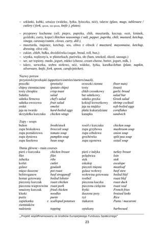 ,,Projekt współfinansowany ze środków Europejskiego Funduszu Społecznego”
23
− szklanki, kubki, sztućce (widelec, łyżka, łyżeczka, nóż), talerze (glass, mugs, tableware /
cutlery ( fork, spoon, tea spoon, knife ), plates).
− przyprawy kuchenne (sól, pieprz, papryka, chili, musztarda, keczup, ocet, kminek,
goździki, curry, koper) (kitchen seasonings ( salt, pepper, paprika, chili, mustard, ketchup,
vinega, caraway/cumin, cloves, curry, dill ),
− musztarda, majonez, ketchup, sos, oliwa z oliwek ( musztard, mayonnaise, ketchup,
dressing, olive oil),
− cukier, chleb, bułka, drożdżówka (sugar, bread, roll, bun,)
− szynka, wędzony/a, w plasterkach, parówka, sło (ham, smoked, sliced, sausage,)
− ser, ser topiony, masło, jogurt, mleko (cheese, cream cheese, butter, jogurt, milk, )
− talerz, serwetka, srebra stołowe, nóż, widelec, łyżka, karafka/dzban (plate, napkin,
silverware, knife, fork, spoon, carafe/pitcher),
Nazwy potraw
przystawki/przekąski (appetizers/entrées/starters/snack),
precelki (pretzels) orzeszki ziemne (beer nuts)
chipsy ziemniaczane (potato chips) tosty (toast)
tosty chrupkie crisp toast chleb czosnkowy garlic bread
Sałatka salad bar sałatkowy salad bar
sałatka firmowa chef's salad sałatka grecka Greek salad
sałatka owocowa fruit salad koktajl krewetkowy shrimp cocktail
omlet omelet jaja na miękko soft-boiled eggs
jaja na twardo hard-boiled eggs płatki kukurydziane cornflakes
skrzydełka kurczaka chicken wings kanapka sandwich
Zupy - soups
bulion broth/stock rosół z kurczaka chicken soup
zupa brokułowa broccoli soup zupa grzybowa mushroom soup
zupa pomidorowa tomato soup zupa cebulowa onion soup
zupa dyniowa pumpkin soup grochówka split pea soup
zupa fasolowa bean soup zupa ogonowa oxtail soup
Dania główne - main courses
pierś z kurczaka chicken breast pierś z indyka turkey breast
filet filet polędwica loin
żeberka ribs stek stek
kotlet cutlet eskalop escalope
gulasz goulash pieczeń mięsna meatloaf
mięso duszone pot roast gulasz wołowy beef stew
befstroganow beef stroganoff wołowina gotowana boiled blef
homar gotowany boiled lobster rostbef roast blef
pieczony kurczak roast chicken pieczona kaczka roast duck
pieczona wieprzowina roast pork pieczona cielęcina roast veal
smażony kurczak fried chicken frytki French fries
kluski noodles duszone pory braised leeks
purée purée ryż Rice
zapiekanka z
ziemniaków
scalloped potatoes makaron Pasta / macaroni
nadzienie topping opiekany barbecued
 