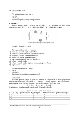 „Projekt współfinansowany ze środków Europejskiego Funduszu Społecznego”
25
4) zaprezentować wyniki.
Wyposażenie stanowiska pracy:
– zeszyt ,
– kalkulator,
– literatura uzupełniająca zgodna z punktem 6.
Ćwiczenie 2
Oblicz wartość spadku napięcia na rezystorze R2 w obwodzie przedstawionym
na rysunku. Dane: U1 = 15 V, U2 = 13 V, R1 = 10 kΩ , R2 = 1,8 kΩ, R3 = 2,2k Ω.
Schemat obwodu nierozgałęzionego prądu stałego
Sposób wykonania ćwiczenia
Aby wykonać ćwiczenie powinieneś:
1) zaznaczyć kierunek prądu w obwodzie,
2) zaznaczyć kierunki spadków napięć na rezystorach ,
3) zaznaczyć kierunek rozpatrywania oczka,
4) napisać równanie II prawa Kirchhoffa,
5) przekształcić równanie II prawa Kirchhoffa,
6) obliczyć wartość prądu,
7) obliczyć wartość spadku napięcia korzystając z prawa Ohma,
8) zaprezentować wyniki.
Wyposażenie stanowiska pracy:
– zeszyt,
– kalkulator,
– literatura uzupełniająca zgodna z punktem 6.
Ćwiczenie 3
Wykonaj pomiary prądu i spadków napięcia na rezystorach w nierozgałęzionym
obwodzie prądu stałego, złożonym z jednego źródła napięcia i trzech rezystorów.
Oblicz spadki napięć na poszczególnych rezystorach zgodnie z prawem Ohma:
11 RIU ⋅= 22 RIU ⋅= 33 RIU ⋅= .
Dla badanego obwodu sprawdź prawdziwość II prawa Kirchhoffa.
Tabela obliczeń i wyników pomiarów.
Rezystor [Ω] Spadek napięcia [V] Prąd [mA] Obliczona wartość spadku napięcia [V]
R1= 1U
R2= 2U
R3= 3U
 