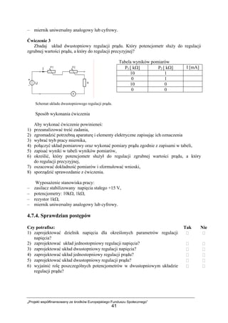 „Projekt współfinansowany ze środków Europejskiego Funduszu Społecznego”
41
– miernik uniwersalny analogowy lub cyfrowy.
Ćwiczenie 3
Zbadaj układ dwustopniowy regulacji prądu. Który potencjometr służy do regulacji
zgrubnej wartości prądu, a który do regulacji precyzyjnej?
Tabela wyników pomiarów
Schemat układu dwustopniowego regulacji prądu.
Sposób wykonania ćwiczenia
Aby wykonać ćwiczenie powinieneś:
1) przeanalizować treść zadania,
2) zgromadzić potrzebną aparaturę i elementy elektryczne zapisując ich oznaczenia
3) wybrać tryb pracy miernika,
4) połączyć układ pomiarowy oraz wykonać pomiary prądu zgodnie z zapisami w tabeli,
5) zapisać wyniki w tabeli wyników pomiarów,
6) określić, który potencjometr służył do regulacji zgrubnej wartości prądu, a który
do regulacji precyzyjnej,
7) oszacować dokładność pomiarów i sformułować wnioski,
8) sporządzić sprawozdanie z ćwiczenia.
Wyposażenie stanowiska pracy:
– zasilacz stabilizowany napięcia stałego +15 V,
– potencjometry: 10kΩ, 1kΩ,
– rezystor 1kΩ,
– miernik uniwersalny analogowy lub cyfrowy.
4.7.4. Sprawdzian postępów
Czy potrafisz: Tak Nie
1) zaprojektować dzielnik napięcia dla określonych parametrów regulacji
napięcia?
2) zaprojektować układ jednostopniowy regulacji napięcia?
3) zaprojektować układ dwustopniowy regulacji napięcia?
4) zaprojektować układ jednostopniowy regulacji prądu?
5) zaprojektować układ dwustopniowy regulacji prądu?
6) wyjaśnić rolę poszczególnych potencjometrów w dwustopniowym układzie
regulacji prądu?
P1 [ kΩ] P2 [ kΩ] I [mA]
10 1
0 1
10 0
0 0
 