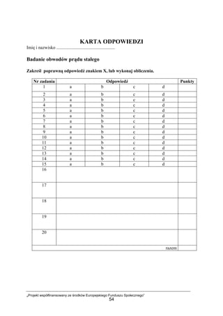 „Projekt współfinansowany ze środków Europejskiego Funduszu Społecznego”
54
KARTA ODPOWIEDZI
Imię i nazwisko ....................................................
Badanie obwodów prądu stałego
Zakreśl poprawną odpowiedź znakiem X, lub wykonaj obliczenia.
Nr zadania Odpowiedź Punkty
1 a b c d
2 a b c d
3 a b c d
4 a b c d
5 a b c d
6 a b c d
7 a b c d
8 a b c d
9 a b c d
10 a b c d
11 a b c d
12 a b c d
13 a b c d
14 a b c d
15 a b c d
16
17
18
19
20
razem
 