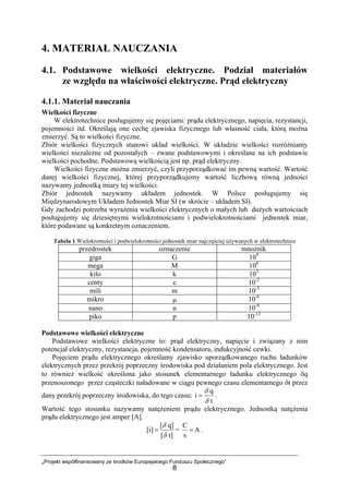 „Projekt współfinansowany ze środków Europejskiego Funduszu Społecznego”
8
4. MATERIAŁ NAUCZANIA
4.1. Podstawowe wielkości elektryczne. Podział materiałów
ze względu na właściwości elektryczne. Prąd elektryczny
4.1.1. Materiał nauczania
Wielkości fizyczne
W elektrotechnice posługujemy się pojęciami: prądu elektrycznego, napięcia, rezystancji,
pojemności itd. Określają one cechę zjawiska fizycznego lub własność ciała, którą można
zmierzyć. Są to wielkości fizyczne.
Zbiór wielkości fizycznych stanowi układ wielkości. W układzie wielkości rozróżniamy
wielkości niezależne od pozostałych – zwane podstawowymi i określane na ich podstawie
wielkości pochodne. Podstawową wielkością jest np. prąd elektryczny.
Wielkości fizyczne można zmierzyć, czyli przyporządkować im pewną wartość. Wartość
danej wielkości fizycznej, której przyporządkujemy wartość liczbową równą jedności
nazywamy jednostką miary tej wielkości.
Zbiór jednostek nazywamy układem jednostek. W Polsce posługujemy się
Międzynarodowym Układem Jednostek Miar SI (w skrócie – układem SI).
Gdy zachodzi potrzeba wyrażenia wielkości elektrycznych o małych lub dużych wartościach
posługujemy się dziesiętnymi wielokrotnościami i podwielokrotnościami jednostek miar,
które podawane są konkretnym oznaczeniem.
Tabela 1 Wielokrotności i podwielokrotności jednostek miar najczęściej używanych w elektrotechnice
przedrostek oznaczenie mnożnik
giga G 109
mega M 106
kilo k 103
centy c 10-2
mili m 10-3
mikro µ 10-6
nano n 10-9
piko p 10-12
Podstawowe wielkości elektryczne
Podstawowe wielkości elektryczne to: prąd elektryczny, napięcie i związany z nim
potencjał elektryczny, rezystancja, pojemność kondensatora, indukcyjność cewki.
Pojęciem prądu elektrycznego określamy zjawisko uporządkowanego ruchu ładunków
elektrycznych przez przekrój poprzeczny środowiska pod działaniem pola elektrycznego. Jest
to również wielkość określona jako stosunek elementarnego ładunku elektrycznego δq
przenoszonego przez cząsteczki naładowane w ciągu pewnego czasu elementarnego δt przez
dany przekrój poprzeczny środowiska, do tego czasu:
t
q
i
δ
δ
= .
Wartość tego stosunku nazywamy natężeniem prądu elektrycznego. Jednostką natężenia
prądu elektrycznego jest amper [A].
t][
q][
[i]
δ
δ
= = =
s
C
A .
 