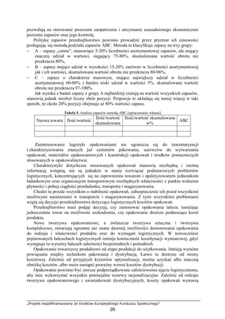 „Projekt współfinansowany ze środków Europejskiego Funduszu Społecznego”
26
pozwalają na sterowanie procesem zaopatrzenia i utrzymanie uzasadnionego ekonomicznie
poziomu zapasów oraz jego kontrolę.
Politykę zapasów przedsiębiorstwo powinno prowadzić przez pryzmat ich cenowości
posługując się metodą podziału zapasów ABC. Metoda ta klasyfikuje zapasy na trzy grupy:
− A – zapasy „cenne”, stanowiące 5-20% liczebności asortymentowej zapasów, ale mający
znaczny udział w wartości, sięgający 75-80%, skumulowana wartość obrotu nie
przekracza 80%,
− B – zapasy mające udział w wysokości 15-20% zarówno w liczebności asortymentowej
jak i ich wartości, skumulowana wartość obrotu nie przekracza 80-96%,
− C – zapasy o charakterze masowym, mające największy udział w liczebności
asortymentowej 60-80% i bardzo niski udział w wartości 5%, skumulowana wartość
obrotu nie przekracza 97-100%.
Jak wynika z badań zapasy z grupy A najbardziej rzutują na wartość wszystkich zapasów,
stanowią jednak niezbyt liczny zbiór pozycji. Proporcje te układają się mniej więcej w taki
sposób, Ŝe około 20% pozycji obejmuje aŜ 80% wartości zapasu.
Tabela 5. Analiza zapasów metodą ABC [opracowanie własne]
Nazwa towaru Ilość/wartość
Ilość/wartość
skumulowana
Ilość/wartość skumulowana
w%
ABC
Zainteresowanie logistyki opakowaniami nie ogranicza się do inwentaryzacji
i charakteryzowania znanych juŜ systemów pakowania, surowców do wytwarzania
opakowań, materiałów opakowaniowych i konstrukcji opakowań i środków pomocniczych
stosowanych w opakowalnictwie.
Charakterystyki dotychczas stosowanych opakowań stanowią niezbędną i istotną
informację wstępną, nie są jednakŜe w stanie rozwiązać podstawowych problemów
logistycznych, koncentrujących się na zapewnieniu towarom i spaletyzowanym jednostkom
ładunkowym oraz organizacjom transportowym niezbędnych właściwości z punktu widzenia
płynności i pełnej ciągłości przeładunku, transportu i magazynowania.
Chodzi tu przede wszystkim o stabilność opakowań, zabezpieczenie ich przed wszystkimi
moŜliwymi naraŜeniami w transporcie i magazynowaniu. Z tymi wszystkimi problemami
wiąŜą się decyzje przedsiębiorstwa dotyczące logistycznych kosztów opakowań.
Przedsiębiorstwo musi podjąć decyzję, czy zastosować opakowania tańsze, naraŜając
jednocześnie towar na moŜliwość uszkodzenia, czy opakowanie droŜsze podnoszące koszt
produktu.
Nowe tworzywa opakowaniowe, a zwłaszcza tworzywa sztuczne i tworzywa
kompleksowe, stwarzają ogromne nie znane dawniej moŜliwości dostosowania opakowania
do rodzaju i właściwości produktu oraz do wymagań logistycznych. W nowocześnie
pojmowanych łańcuchach logistycznych istnieje konieczność koordynacji wymiarowej, gdyŜ
występuje tu wyraźny łańcuch zaleŜności bezpośrednich i pośrednich.
Opakowanie towarzyszy produktowi od etapu produkcji do uŜytkowania. Istnieją wyraźne
powiązania między technikom pakowania i dystrybucją. Łatwo to dostrzec od strony
kosztowej. ZaleŜnie od przyjętych kryteriów optymalizacji, moŜna uzyskać albo znaczną
obniŜkę kosztów, albo moŜe nastąpić powaŜny wzrost kosztów dystrybucji.
Opakowanie powinno być zawsze podporządkowane całościowemu ujęciu logistycznemu,
aby móc wykorzystać wszystkie potencjalne rezerwy racjonalizacyjne. ZaleŜnie od rodzaju
tworzywa opakowaniowego i uwarunkowań dystrybucyjnych, koszty opakowań wynoszą
 
