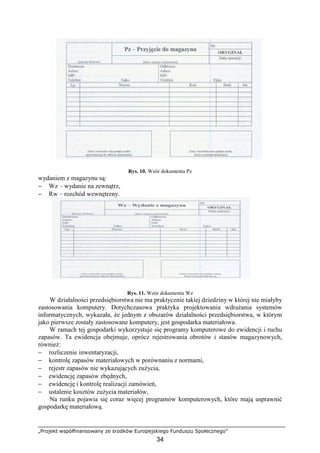 „Projekt współfinansowany ze środków Europejskiego Funduszu Społecznego”
34
Rys. 10. Wzór dokumentu Pz
wydaniem z magazynu są:
− Wz – wydanie na zewnątrz,
− Rw – rozchód wewnętrzny.
Rys. 11. Wzór dokumentu Wz
W działalności przedsiębiorstwa nie ma praktycznie takiej dziedziny w której nie miałyby
zastosowania komputery. Dotychczasowa praktyka projektowania wdraŜania systemów
informatycznych, wykazała, Ŝe jednym z obszarów działalności przedsiębiorstwa, w którym
jako pierwsze zostały zastosowane komputery, jest gospodarka materiałowa.
W ramach tej gospodarki wykorzystuje się programy komputerowe do ewidencji i ruchu
zapasów. Ta ewidencja obejmuje, oprócz rejestrowania obrotów i stanów magazynowych,
równieŜ:
− rozliczenie inwentaryzacji,
− kontrolę zapasów materiałowych w porównaniu z normami,
− rejestr zapasów nie wykazujących zuŜycia,
− ewidencję zapasów zbędnych,
− ewidencję i kontrolę realizacji zamówień,
− ustalenie kosztów zuŜycia materiałów,
Na runku pojawia się coraz więcej programów komputerowych, które mają usprawnić
gospodarkę materiałową.
 