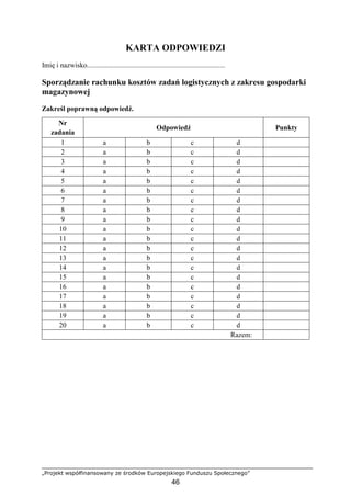 „Projekt współfinansowany ze środków Europejskiego Funduszu Społecznego”
46
KARTA ODPOWIEDZI
Imię i nazwisko..............................................................................
Sporządzanie rachunku kosztów zadań logistycznych z zakresu gospodarki
magazynowej
Zakreśl poprawną odpowiedź.
Nr
zadania
Odpowiedź Punkty
1 a b c d
2 a b c d
3 a b c d
4 a b c d
5 a b c d
6 a b c d
7 a b c d
8 a b c d
9 a b c d
10 a b c d
11 a b c d
12 a b c d
13 a b c d
14 a b c d
15 a b c d
16 a b c d
17 a b c d
18 a b c d
19 a b c d
20 a b c d
Razem:
 