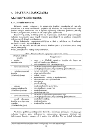 „Projekt współfinansowany ze środków Europejskiego Funduszu Społecznego”
6
4. MATERIAŁ NAUCZANIA
4.1. Moduły kosztów logistyki
4.1.1. Materiał nauczania
Działania ludzkie zmierzające do pozyskania środków zaspokajających potrzeby
prowadzone są w ramach działalności gospodarczej. Musi ona być zracjonalizowana, czyli
powinna osiągać zamierzone cele w sposób najbardziej efektywny, poniewaŜ potrzeby
ludzkie są nieograniczone, a środki do ich zaspokajania ograniczone.
Podstawową zasadą, na której opiera się racjonalizacja działalności gospodarczej jest
rachunek ekonomiczny, czyli zespół czynności pozwalających na ustalenie opłacalności
podejmowanych działań gospodarczych.
KaŜdy funkcjonujący na rynku przedsiębiorca uzyskuje przychody ze swej działalności,
ale równieŜ ponosi z tego tytułu koszty.
Koszty to wyraŜone wartościowo zuŜycie: środków pracy, przedmiotów pracy, usług
obcych, samej pracy.
MoŜna je klasyfikować według róŜnych kryteriów.
Tabela 1. Klasyfikacja kosztów logistycznych [opracowanie własne]
Kryterium podziału
kosztów
Grupy kosztów
− stopień
zróŜnicowania
−−−− proste – to składniki rodzajowe kosztów nie dające się
podzielić na elementy składowe,
−−−− złoŜone są sumą kilku kosztów prostych.
− okres rozliczeniowy −−−− koszty bieŜącego okresu sprawozdawczego,
−−−− koszty przypadające na przyszłe okresy sprawozdawcze.
− rodzaj ponoszonych
kosztów
(układ rodzajowy)
−−−− zuŜycie materiałów i energii,
−−−− usługi materialne obce,
−−−− podatki i opłaty,
−−−− wynagrodzenia i narzuty na wynagrodzenia,
−−−− świadczenia na rzecz pracowników,
−−−− amortyzacja,
−−−− pozostałe koszty.
− miejsce
powstawania kosztów
(układ funkcjonalny)
−−−− koszty działalności operacyjnej,
−−−− pozostałe koszty operacyjne,
−−−− koszty finansowe,
−−−− koszty inwestycyjne.
− okres rozliczeniowy
−−−− koszty bieŜącego okresu sprawozdawczego,
−−−− koszty przypadające na przyszłe okresy sprawozdawcze.
− sposób odnoszenia
kosztów na wytworzone
produkty
(układ kalkulacyjny )
−−−− koszty bezpośrednie,
−−−− koszty pośrednie,
−−−− koszty ogólne zarządu.
Większość polskich przedsiębiorstw korzysta z informacji płynących z tradycyjnego
rachunku kosztów, gdzie podstawowym mechanizmem zarządzania kosztami jest
budŜetowanie kosztów rodzajowych i analiza ich odchyleń. Nie ma jednak informacji
 