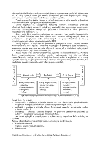 „Projekt współfinansowany ze środków Europejskiego Funduszu Społecznego”
7
o kosztach działań logistycznych np. przyjęcie dostaw, przetwarzanie zamówień, składowanie
itd. W takiej sytuacji trudno jest ocenić efektywność procesów logistycznych, dlatego
konieczne jest rozgraniczenie i wyodrębnienie kosztów logistyki.
Pojęcie kosztów logistyki występuje w róŜnych aspektach, a wielu autorów wskazuje na
róŜne źródła kosztów logistycznych i róŜne ich rodzaje.
Koszty logistyki są szczegółową kategorią kosztów, oznaczającą pienięŜne
odzwierciedlenie zuŜycia substancji majątkowej przedsiębiorstwa wywołanego planowaniem,
realizacją i kontrolą pozatechnologicznych procesów przemieszczeń w czasie i przestrzeni
wszystkich form materiałów. [12]
Koszty logistyki to wyraŜone w pieniądzu zuŜycie pracy Ŝywej, środków i przedmiotów
pracy, wydatki finansowe oraz inne ujemne skutki zdarzeń nadzwyczajnych, które są
spowodowane przepływem dóbr materiałowych w przedsiębiorstwie i między
przedsiębiorstwami, a takŜe utrzymanie zapasów. [14]
Koszty logistyki to wyraŜone w jednostkach pienięŜnych celowe zuŜycie zasobów
przedsiębiorstwa oraz wydatki finansowe wynikające z przepływu dóbr materialnych,
utrzymania zapasów oraz przetwarzania informacji związanych z działaniami logistycznymi
w przedsiębiorstwie i jego łańcuchu dostaw. [5]
Bardzo waŜną cechą kosztów związanych z logistyką jest ich kompleksowość. Podstawą
dobrze przeprowadzonego rachunku kosztów logistycznych jest ich prawidłowe
zidentyfikowanie i umiejscowienie, co jest jednak bardzo trudne ze względu na to, Ŝe koszty
logistyki pojawiają się praktycznie w całym obszarze funkcjonowania przedsiębiorstwa, bez
względu na rodzaj jego działalności (produkcja, usługi, handel).
Rys. 1 Obszary występowania kosztów logistycznych w przedsiębiorstwie [17, s. 25]
Koszty logistyki w fazie:
−−−− zaopatrzenia – obejmują działania mające na celu dostarczenie przedsiębiorstwu
wszystkich niezbędnych materiałów do realizacji planowanych zadań,
−−−− produkcji – wynikają z potrzeby obsługi logistycznej procesów wytwarzania zgodnie
z planem produkcji,
−−−− dystrybucji – obejmują działania związane ze sprawnym przepływem produktu do
odbiorcy i osiągnięcia wymaganego poziomu obsługi.
Na koszty logistyki w przedsiębiorstwie wpływa szereg czynników, które dzielimy na
czynniki:
ZaleŜne od przedsiębiorstwa, do których moŜemy zaliczyć między innymi:
− rozmiar działalności,
− wielkość utrzymywanych zapasów,
− infrastrukturę,
Zaopatrzenie Produkcja Dystrybucja
D
O
S
T
A
W
C
Y
O
D
B
I
O
R
C
Y
koszty materiałów:
- zapasów,
- magazynowania,
- transportu,
- obsługi.
koszty półproduktów:
- magazynowania,
- transportu,
- obsługi.
koszty wyrobów:
- zapasów,
- magazynowania,
- transportu,
- obsługi.
 