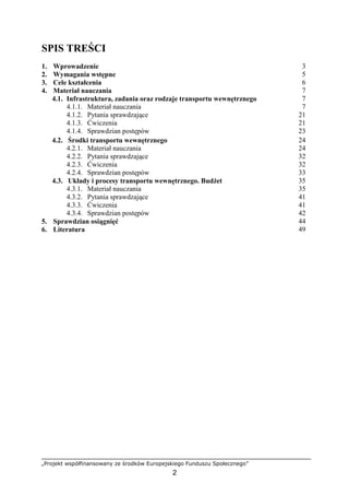 „Projekt współfinansowany ze środków Europejskiego Funduszu Społecznego”
2
SPIS TREŚCI
1. Wprowadzenie 3
2. Wymagania wstępne 5
3. Cele kształcenia 6
4. Materiał nauczania 7
4.1. Infrastruktura, zadania oraz rodzaje transportu wewnętrznego 7
4.1.1. Materiał nauczania 7
4.1.2. Pytania sprawdzające 21
4.1.3. Ćwiczenia 21
4.1.4. Sprawdzian postępów 23
4.2. Środki transportu wewnętrznego 24
4.2.1. Materiał nauczania 24
4.2.2. Pytania sprawdzające 32
4.2.3. Ćwiczenia 32
4.2.4. Sprawdzian postępów 33
4.3. Układy i procesy transportu wewnętrznego. BudŜet 35
4.3.1. Materiał nauczania 35
4.3.2. Pytania sprawdzające 41
4.3.3. Ćwiczenia 41
4.3.4. Sprawdzian postępów 42
5. Sprawdzian osiągnięć 44
6. Literatura 49
 