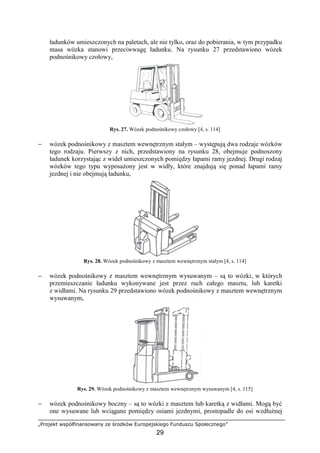 „Projekt współfinansowany ze środków Europejskiego Funduszu Społecznego”
29
ładunków umieszczonych na paletach, ale nie tylko, oraz do pobierania, w tym przypadku
masa wózka stanowi przeciwwagę ładunku. Na rysunku 27 przedstawiono wózek
podnośnikowy czołowy,
Rys. 27. Wózek podnośnikowy czołowy [4, s. 114]
− wózek podnośnikowy z masztem wewnętrznym stałym – występują dwa rodzaje wózków
tego rodzaju. Pierwszy z nich, przedstawiony na rysunku 28, obejmuje podnoszony
ładunek korzystając z wideł umieszczonych pomiędzy łapami ramy jezdnej. Drugi rodzaj
wózków tego typu wyposaŜony jest w widły, które znajdują się ponad łapami ramy
jezdnej i nie obejmują ładunku,
Rys. 28. Wózek podnośnikowy z masztem wewnętrznym stałym [4, s. 114]
− wózek podnośnikowy z masztem wewnętrznym wysuwanym – są to wózki, w których
przemieszczanie ładunku wykonywane jest przez ruch całego masztu, lub karetki
z widłami. Na rysunku 29 przedstawiono wózek podnośnikowy z masztem wewnętrznym
wysuwanym,
Rys. 29. Wózek podnośnikowy z masztem wewnętrznym wysuwanym [4, s. 115]
− wózek podnośnikowy boczny – są to wózki z masztem lub karetką z widłami. Mogą być
one wysuwane lub wciągane pomiędzy osiami jezdnymi, prostopadle do osi wzdłuŜnej
 