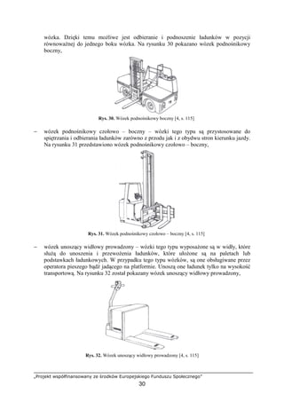„Projekt współfinansowany ze środków Europejskiego Funduszu Społecznego”
30
wózka. Dzięki temu moŜliwe jest odbieranie i podnoszenie ładunków w pozycji
równowaŜnej do jednego boku wózka. Na rysunku 30 pokazano wózek podnośnikowy
boczny,
Rys. 30. Wózek podnośnikowy boczny [4, s. 115]
− wózek podnośnikowy czołowo – boczny – wózki tego typu są przystosowane do
spiętrzania i odbierania ładunków zarówno z przodu jak i z obydwu stron kierunku jazdy.
Na rysunku 31 przedstawiono wózek podnośnikowy czołowo – boczny,
Rys. 31. Wózek podnośnikowy czołowo – boczny [4, s. 115]
− wózek unoszący widłowy prowadzony – wózki tego typu wyposaŜone są w widły, które
słuŜą do unoszenia i przewoŜenia ładunków, które ułoŜone są na paletach lub
podstawkach ładunkowych. W przypadku tego typu wózków, są one obsługiwane przez
operatora pieszego bądź jadącego na platformie. Unoszą one ładunek tylko na wysokość
transportową. Na rysunku 32 został pokazany wózek unoszący widłowy prowadzony,
Rys. 32. Wózek unoszący widłowy prowadzony [4, s. 115]
 