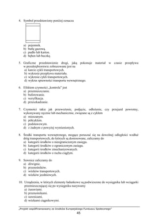 „Projekt współfinansowany ze środków Europejskiego Funduszu Społecznego”
45
4. Symbol przedstawiony poniŜej oznacza
a) pojemnik.
b) butlę gazową.
c) pudło lub karton.
d) bęben lub beczkę.
5. Graficzne przedstawienie drogi, jaką pokonuje materiał w czasie przepływu
w przedsiębiorstwie zobrazowane jest na
a) karcie cykli transportowych.
b) wykresie przepływu materiału.
c) wykresie cykli transportowych.
d) wykres sprawności transportu wewnętrznego.
6. Efektem czynności „kontrola” jest
a) przemieszczanie.
b) buforowanie.
c) weryfikacja.
d) przeszkadzanie.
7. Czynności takie jak przewoŜenie, podjęcie, odłoŜenie, czy przejazd powrotny,
wykonywany ręcznie lub mechanicznie, związane są z cyklem
a) mieszanym.
b) półcyklem.
c) podstawowym.
d) z Ŝadnym z powyŜej wymienionych.
8. Środki transportu wewnętrznego, mogące poruszać się na dowolnej odległości wzdłuŜ
dróg transportowych, do których są dostosowane, zaliczamy do
a) kategorii środków o nieograniczonym zasięgu.
b) kategorii środków o ograniczonym zasięgu.
c) kategorii środków zmechanizowanych.
d) kategorii środków o ruchu ciągłym.
9. Suwnice zaliczamy do
a) dźwignic.
b) przenośników.
c) wózków transportowych.
d) wózków jezdniowych.
10. Urządzenia, w których elementy ładunkowe są podwieszone do wysięgnika lub wciągarki
przemieszczającej się po wysięgniku nazywamy
a) Ŝurawiami.
b) przenośnikami.
c) suwnicami.
d) wózkami ciągnikowymi.
 