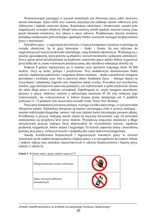 „Projekt współfinansowany ze środków Europejskiego Funduszu Społecznego”
25
Promieniowanie jonizujące w nowych monitorach jest filtrowane przez szkło ołowiowe
ekranu kineskopu. Samo szkło oraz warstwa antystatyczna redukuje niemal całkowicie pole
elektryczne i ładunki statyczne ekranu. Konstrukcja odchylania i ekranowanie zamyka pole
magnetyczne wewnątrz obudowy. Dzięki temu możemy śmiało spędzać znacznie więcej czasu
przed ekranami monitorów, bez obawy o nasze zdrowie. Produkowane obecnie monitory
posiadają oznakowanie potwierdzające spełnianie bardzo surowych wymagań bezpieczeństwa
pracy z monitorami.
Szkodliwe gazy – z nagrzanym powietrzem z wnętrza komputera i monitora wydzielają się
związki chemiczne. Są to gazy bezwonne – tlenki i furany. Są one zaliczane do
najgroźniejszych trucizn środowiska naturalnego, mają działanie rakotwórcze. Wydostają się z
emulsji ognioodpornej, którą pokryte są obudowy nowych monitorów i jednostek centralnych.
Nowy sprzęt przed przydzieleniem na konkretne stanowisko pracy należy dobrze wygrzewać
przez kilka dni w często wietrzonym pomieszczeniu, aby szkodliwe substancje ulotniły się.
Podczas 8 godzin wpatrywania się w monitor oczy operatora wykonują około 30 000
ruchów. Oczy są suche, piekące i przekrwione. Przy dodatkowym skumulowaniu braku
ostrości, nadmiernej jaskrawości i migotania obrazu monitora – spada częstotliwość mrugania
powiekami i zwilżania oczu. Jest to pierwszy objaw Syndromu Sicca – którego objawy to
wysychanie i zmętnienie rogówki oraz stopniowa utrata wzroku. Powodem jest niewłaściwy
monitor, jego niewłaściwie ustawione parametry, nie wykorzystane w pełni możliwości ekranu
ale także długa praca z małymi czcionkami. Zapobieganie to: częste mruganie powiekami,
przerwy w pracy, właściwy monitor o odświeżaniu minimum 85 Hz oraz właściwe jego
wykorzystanie, nie wykorzystywać w trakcie pisania pisma mniejszego niż 8 punktów
(zalecane 11–12 punktów oraz stosowanie czcionki Arial, Times New Roman).
Praca przy komputerze jest pracą siedzącą, wymaga wysiłku statycznego, co jest powodem
obciążenia mięśni. Najbardziej obciążone są mięśnie utrzymujące ciało w pozycji siedzącej –
mięśnie stabilizujące kręgosłup, ramion i rąk oraz mięśnie karku utrzymujące pionowo głowę.
Przedłużony w pozycji siedzącej nacisk mięśni na naczynia krwionośne staje się powodem
zmniejszenia się przepływu krwi przez mięśnie. Przyśpiesza zmęczenie mięśniowe a długo
utrzymywana pozycja siedząca może doprowadzić do zwyrodnienia stawów, zapalenia
pochewek ścięgnistych, bólów mięśni i kręgosłupa. To krzesło zapewnia dobrą i prawidłową
postawę przy pracy, zwłaszcza krzesło z podpórką dla części lędźwiowej kręgosłupa.
Zasady kształtowania bezpiecznych i higienicznych warunków pracy to również
stosowanie się do znaków bezpieczeństwa i higieny pracy, a w szczególności do znaków zakazu
i znaków nakazu oraz instrukcji stanowiskowych w zakresie bezpieczeństwa i higieny pracy
(tabela 3 i tabela 4).
Tabela 3. Wybrane znaki z grupy znaków zakazu [17]
Nieupoważnionym wstęp wzbroniony
Zakaz używania telefonów
komórkowych
 