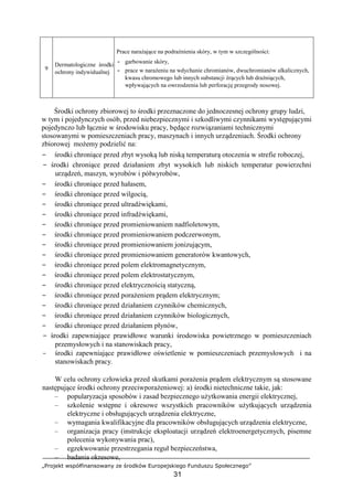 „Projekt współfinansowany ze środków Europejskiego Funduszu Społecznego”
31
9
Dermatologiczne środki
ochrony indywidualnej
Prace narażające na podrażnienia skóry, w tym w szczególności:
- garbowanie skóry,
- prace w narażeniu na wdychanie chromianów, dwuchromianów alkalicznych,
kwasu chromowego lub innych substancji żrących lub drażniących,
wpływających na owrzodzenia lub perforację przegrody nosowej.
Środki ochrony zbiorowej to środki przeznaczone do jednoczesnej ochrony grupy ludzi,
w tym i pojedynczych osób, przed niebezpiecznymi i szkodliwymi czynnikami występującymi
pojedynczo lub łącznie w środowisku pracy, będące rozwiązaniami technicznymi
stosowanymi w pomieszczeniach pracy, maszynach i innych urządzeniach. Środki ochrony
zbiorowej możemy podzielić na:
− środki chroniące przed zbyt wysoką lub niską temperaturą otoczenia w strefie roboczej,
− środki chroniące przed działaniem zbyt wysokich lub niskich temperatur powierzchni
urządzeń, maszyn, wyrobów i półwyrobów,
− środki chroniące przed hałasem,
− środki chroniące przed wilgocią,
− środki chroniące przed ultradźwiękami,
− środki chroniące przed infradźwiękami,
− środki chroniące przed promieniowaniem nadfioletowym,
− środki chroniące przed promieniowaniem podczerwonym,
− środki chroniące przed promieniowaniem jonizującym,
− środki chroniące przed promieniowaniem generatorów kwantowych,
− środki chroniące przed polem elektromagnetycznym,
− środki chroniące przed polem elektrostatycznym,
− środki chroniące przed elektrycznością statyczną,
− środki chroniące przed porażeniem prądem elektrycznym;
− środki chroniące przed działaniem czynników chemicznych,
− środki chroniące przed działaniem czynników biologicznych,
− środki chroniące przed działaniem płynów,
− środki zapewniające prawidłowe warunki środowiska powietrznego w pomieszczeniach
przemysłowych i na stanowiskach pracy,
− środki zapewniające prawidłowe oświetlenie w pomieszczeniach przemysłowych i na
stanowiskach pracy.
W celu ochrony człowieka przed skutkami porażenia prądem elektrycznym są stosowane
następujące środki ochrony przeciwporażeniowej: a) środki nietechniczne takie, jak:
– popularyzacja sposobów i zasad bezpiecznego użytkowania energii elektrycznej,
– szkolenie wstępne i okresowe wszystkich pracowników użytkujących urządzenia
elektryczne i obsługujących urządzenia elektryczne,
– wymagania kwalifikacyjne dla pracowników obsługujących urządzenia elektryczne,
– organizacja pracy (instrukcje eksploatacji urządzeń elektroenergetycznych, pisemne
polecenia wykonywania prac),
– egzekwowanie przestrzegania reguł bezpieczeństwa,
– badania okresowe,
 