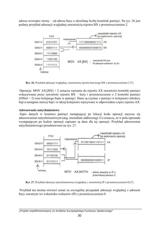 „Projekt współfinansowany ze środków Europejskiego Funduszu Społecznego”
30
adresu wewnątrz strony – od adresu bazy o określaną liczbę komórek pamięci. Na rys. 26 jest
podany przykład adresacji względnej zawartością rejestru BX z przemieszczeniem 2.
Rys. 26. Przykład adresacji względnej, zawartością rejestru bazowego BX z przemieszczeniem 2 [7]
Operacja: MOV AX,[BX] + 2 oznacza wpisanie do rejestru AX zawartości komórki pamięci
wskazywanej przez zawartość rejestru BX – bazy i przemieszczenia o 2 komórki pamięci
(Offset = 2) oraz kolejnego bajtu w pamięci. Dane są czytane z pamięci w kolejności młodszy
bajt a następnie starszy bajt i w takiej kolejności wpisywane w odpowiednie części rejestru AX.
Adresowanie natychmiastowe
Zapis danych w komórce pamięci następującej po lokacji kodu operacji nazywa się
adresowaniem natychmiastowym (ang. immediate addressing). Co oznacza, że w polu operandu
występującym po kodzie operacji zapisane są dane dla tej operacji. Przykład adresowania
natychmiastowego przedstawiono na rys. 27.
Rys. 27. Przykład adresacji natychmiastowej (względnej z zawartością IP z przemieszczeniem 0) [7]
Przykład ten można również uznać za szczególny przypadek adresacji względnej z adresem
bazy zawartym we wskaźniku rozkazów (IP) z przemieszczeniem 0.
 