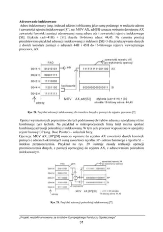 „Projekt współfinansowany ze środków Europejskiego Funduszu Społecznego”
31
Adresowanie indeksowane
Adres indeksowany (ang. indexed address) obliczamy jako sumę podanego w rozkazie adresu
i zawartości rejestru indeksowego [SI], np: MOV AX, adr[SI] oznacza wpisanie do rejestru AX
zawartości komórki pamięci adresowanej sumą adresu adr i zawartości rejestru indeksowego
[SI]. Etykieta (adr=41H) + [SI] określa 16-bitowy adres: 44,45. Na rysunku poniżej
przedstawiono przykład adresacji indeksowanej z indeksem [SI]=3 dla przekazywania danych
z dwóch komórek pamięci o adresach 44H i 45H do 16-bitowego rejestru wewnętrznego
procesora, AX.
Rys. 28. Przykład adresacji indeksowanej dla transferu danych z pamięci do rejestru procesora [7]
Oprócz wymienionych poprzednio czterech podstawowych trybów adresacji spotykamy różne
kombinacje tych technik. Na przykład w mikroprocesorach firmy Intel można spotkać
kombinację adresacji pośredniej z indeksowaną. W tym celu procesor wyposażono w specjalny
rejestr bazowy BP (ang. Base Pointer) – wskaźnik bazy.
Operacja: MOV AX, [BP][SI] oznacza wpisanie do rejestru AX zawartości dwóch komórek
pamięci o adresach określanych sumą zawartości rejestru BP - adresu bazowego i rejestru SI –
indeksu przemieszczenia. Przykład na rys. 29 ilustruje zasady realizacji operacji
przemieszczenia danych, z pamięci operacyjnej do rejestru AX, z adresowaniem pośrednim
indeksowanym.
Rys. 29. Przykład adresacji pośredniej indeksowanej [7]
 
