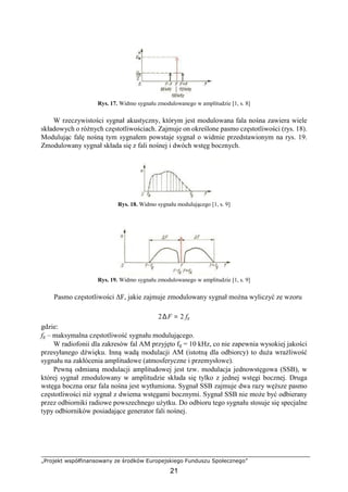 „Projekt współfinansowany ze środków Europejskiego Funduszu Społecznego”
21
Rys. 17. Widmo sygnału zmodulowanego w amplitudzie [1, s. 8]
W rzeczywistości sygnał akustyczny, którym jest modulowana fala nośna zawiera wiele
składowych o różnych częstotliwościach. Zajmuje on określone pasmo częstotliwości (rys. 18).
Modulując falę nośną tym sygnałem powstaje sygnał o widmie przedstawionym na rys. 19.
Zmodulowany sygnał składa się z fali nośnej i dwóch wstęg bocznych.
Rys. 18. Widmo sygnału modulującego [1, s. 9]
Rys. 19. Widmo sygnału zmodulowanego w amplitudzie [1, s. 9]
Pasmo częstotliwości ΔF, jakie zajmuje zmodulowany sygnał można wyliczyć ze wzoru
2∆F = 2 fg
gdzie:
fg – maksymalna częstotliwość sygnału modulującego.
W radiofonii dla zakresów fal AM przyjęto fg = 10 kHz, co nie zapewnia wysokiej jakości
przesyłanego dźwięku. Inną wadą modulacji AM (istotną dla odbiorcy) to duża wrażliwość
sygnału na zakłócenia amplitudowe (atmosferyczne i przemysłowe).
Pewną odmianą modulacji amplitudowej jest tzw. modulacja jednowstęgowa (SSB), w
której sygnał zmodulowany w amplitudzie składa się tylko z jednej wstęgi bocznej. Druga
wstęga boczna oraz fala nośna jest wytłumiona. Sygnał SSB zajmuje dwa razy węższe pasmo
częstotliwości niż sygnał z dwiema wstęgami bocznymi. Sygnał SSB nie może być odbierany
przez odbiorniki radiowe powszechnego użytku. Do odbioru tego sygnału stosuje się specjalne
typy odbiorników posiadające generator fali nośnej.
 