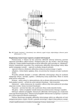 „Projekt współfinansowany ze środków Europejskiego Funduszu Społecznego”
51
Rys. 45. Sygnały luminancji i chrominancji oraz całkowity sygnał wizyjny odpowiadające obrazowi pasów
kolorowych [7, s. 154]
Eksploatacja, konserwacja i naprawy urządzeń telewizyjnych
Pomieszczenie, w którym ma być ustawiony odbiornik telewizji kolorowej, powinno
zapewniać prawidłowy odbiór kolorów. Niedopuszczalne jest, aby światło z okna lub innego
źródła (np. z lampy) padało bezpośrednio na ekran odbiornika, gdyż powoduje to „zblednięcie”
kolorów (zmniejszenie nasycenia). Przy instalowaniu odbiornika telewizyjnego należy także
spełnić następujące warunki: – zapewnić swobodny dostęp do pokręteł,
– zapewnić właściwe chłodzenie odbiornika (zwłaszcza umieszczonego w regale),
– odległość, z której będzie oglądany obraz, nie powinna być mniejsza niż pięć wysokości
ekranu.
Wszystkie pokrętła dostępne z zewnątrz odbiornika telewizyjnego służą do uzyskania
najlepszego obrazu i dźwięku, zgodnie z subiektywną oceną użytkownika. Mimo to można
podać pewne wskazówki.
Kontrast – należy ustawić w takim położeniu, aby na ekranie odtwarzana była maksymalna
skala gradacji szarości – od bieli do czerni (odcięcie kineskopu – brak świecenia).
Jaskrawość – należy dostosować do warunków odbioru (zbyt duża jaskrawość powoduje
zmęczenie wzroku i skraca żywotność kineskopu).
Nasycenie – powinno być takie, aby uzyskiwane obrazy miały naturalne kolory.
Siła głosu – należy uwzględnić warunki akustyczne pomieszczenia własnego i sąsiadów.
Głównym zadaniem przeglądów okresowych odbiornika telewizyjnego jest zwiększenie
czasu jego bezawaryjnej pracy. Podczas tych przeglądów dokonywane są regulacje i czynności
przy użyciu typowych obrazów kontrolnych.
Podczas okresowego przeglądu odbiornika telewizyjnego należy po odłączeniu od sieci
energetycznej (przez wyjęcie wtyczki z gniazda sieciowego) i zdjęcie tylnej pokrywy usunąć,
 