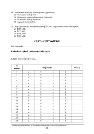 „Projekt współfinansowany ze środków Europejskiego Funduszu Społecznego”
65
19. Impulsy synchronizacji pionowej oznaczają moment
a) zakończenia analizy linii.
b) zakończenia wygaszania strumieni elektronów.
c) zakończenia analizy półobrazu.
d) rozpoczęcia analizy linii.
20. Przy częstotliwości nośnej wizji równej 207 MHz, częstotliwość nośna fonii wynosi
a) 200,5 MHz.
b) 212,5 MHz.
c) 213,5 MHz.
d) 202,5 MHz.
KARTA ODPOWIEDZI
Imię i nazwisko ..........................................................................................................................
Badanie urządzeń radiowo-telewizyjnych
Zakreśl poprawną odpowiedź.
Nr
zadania Odpowiedź Punkty
1 a b c d
2 a b c d
3 a b c d
4 a b c d
5 a b c d
6 a b c d
7 a b c d
8 a b c d
9 a b c d
10 a b c d
11 a b c d
12 a b c d
13 a b c d
14 a b c d
15 a b c d
16 a b c d
17 a b c d
18 a b c d
 
