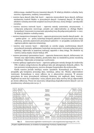 „Projekt współfinansowany ze środków Europejskiego Funduszu Społecznego”
10
elektrycznego, standard fizyczny transmisji danych). W skład jej obiektów wchodzą: karty
sieciowe, regeneratory, modemy, koncentratory.
− warstwa łącza danych (data link layer) – zapewnia niezawodność łącza danych, definiuje
mechanizmy kontroli błędów w przesyłanych danych i kompresji danych. W skład jej
obiektów wchodzą sterowniki urządzeń sieciowych (drivery), mosty (bridge) i przełączniki
(switche).
− warstwa sieciowa (network layer) – zapewnia metody zestawiania, utrzymywania i
rozłączania połączenia sieciowego, ponadto jest odpowiedzialna za obsługę błędów
komunikacji i trasowanie (wyznaczanie optymalnej trasy dla połączenia) pakietów w sieci.
W skład jej obiektów wchodzą routery.
− warstwa transportowa (transport layer) – zapewnia przezroczysty transfer danych punkt – do
– punktu (point – to – point), kontroluje kolejność pakietów otrzymywanych przez stację
odbiorczą, sprawdza poprawność przesyłanych pakietów i w przypadku uszkodzenia lub
zaginięcia pakietu zapewnia retransmisję.
− warstwa sesji (session layer) – odpowiada za szeroko pojętą synchronizację danych
przesyłanych pomiędzy aplikacjami, kontroluje nawiązywanie i zrywanie połączenia przez
aplikację, odpowiada za poprawną realizację zapytania o daną usługę. Do obiektów tej
warstwy należą między innymi funkcje API.
− warstwa prezentacji (presentation layer) – zapewnia tłumaczenie danych, definiowanie ich
formatu oraz odpowiednią składnię, przekształca dane na standardową postać niezależną
od aplikacji. Odpowiada za kompresję i szyfrowanie.
− warstwa aplikacji (application layer) – zapewnia aplikacjom metody dostępu do środowiska
OSI, świadczy usługi końcowe dla aplikacji takie jak udostępnianie drukarek, plików. Na
tym poziomie rezydują procesy sieciowe dostępne bezpośrednio dla użytkownika.
Każda warstwa posiada interfejsy warstw sąsiednich. Komunikacja jest możliwa w
przypadku gdy komputery przesyłają dane, instrukcje, adresy itd.. Miedzy odpowiednimi
warstwami. Komunikacja w stosie odbywa się w płaszczyźnie pionowej. W procesie
przesyłania do stosu przesyłanych informacji dodawany jest nagłówek danej warstwy.
Nagłówek ten może być rozpoznany i użyty jedynie przez daną warstwę lub jej odpowiednik
po stronie odbiorczej. Proces ten nazywamy enkapsulacją (kapsułkowaniem) danych i jest on
przedstawiony schematycznie na rys. 2.
Rys. 2. Zastosowanie nagłówków warstwowych w celu rozgraniczenia logicznego [18, s. 33]
 
